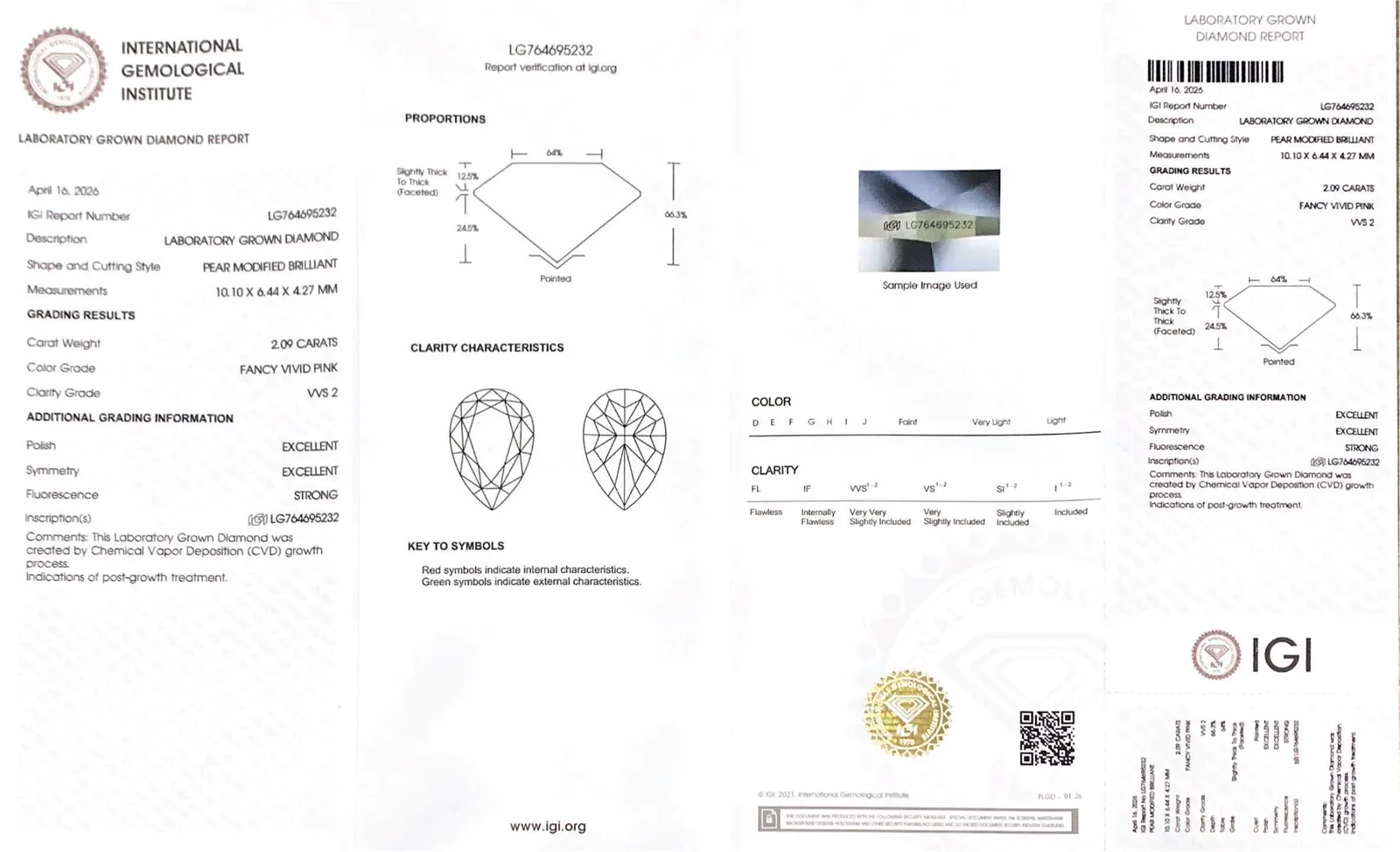 Project-supplied grading report example for a pear-shaped laboratory-grown diamond