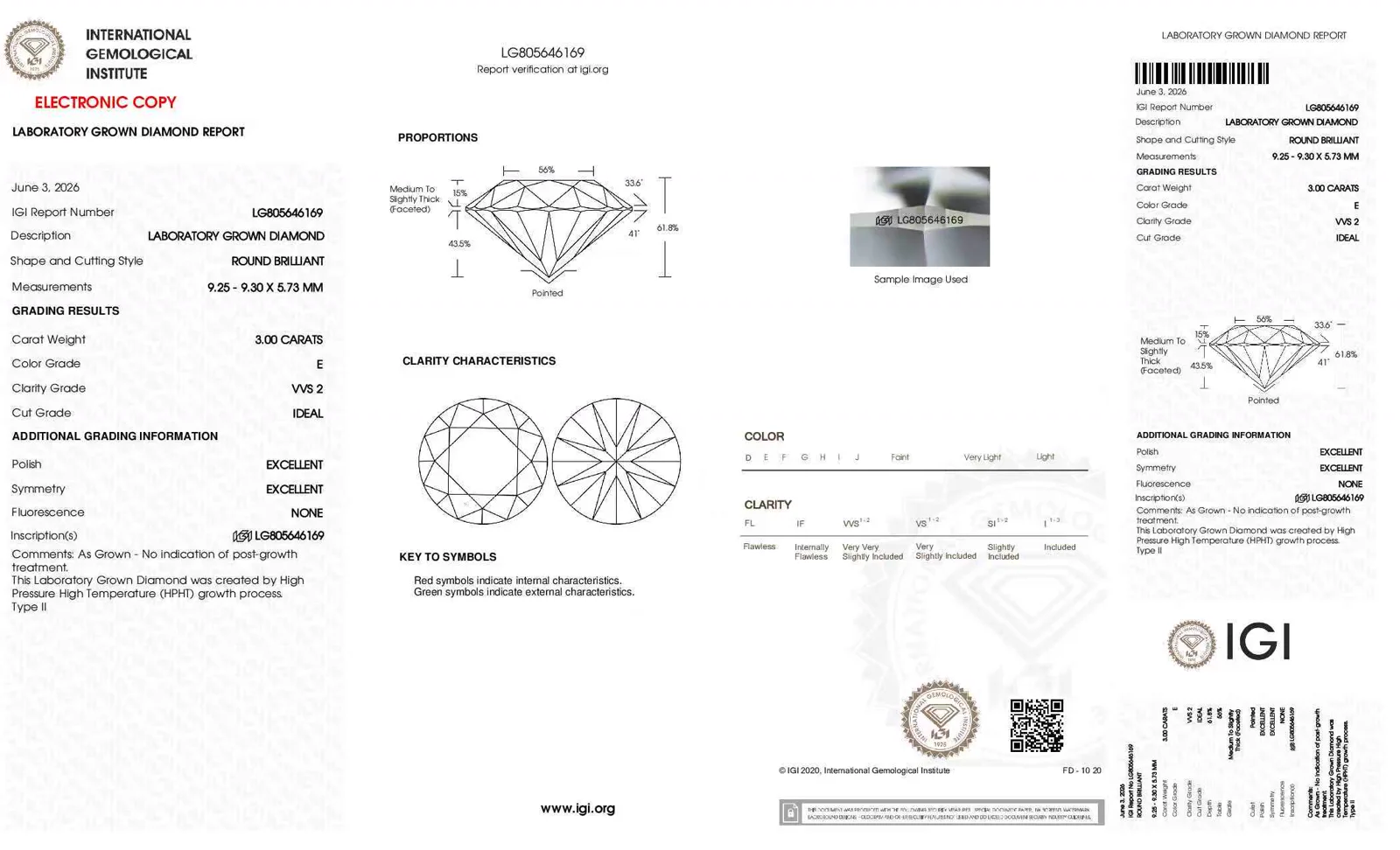 Project-supplied grading report example for a round laboratory-grown diamond