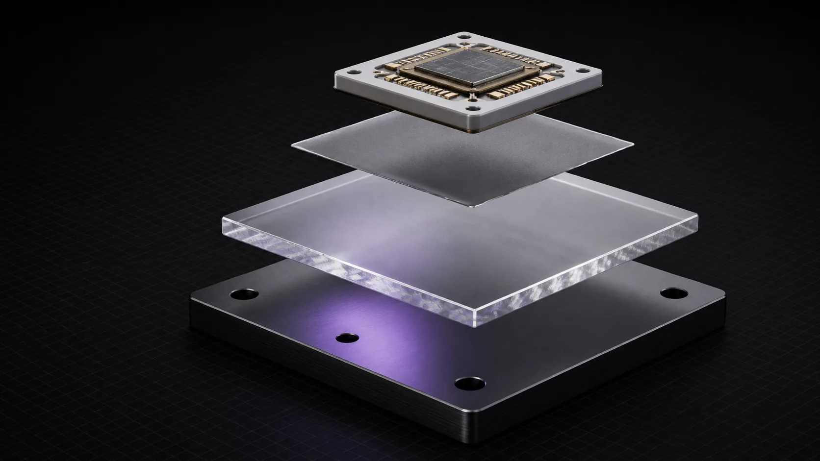 AI-generated exploded engineering visualization of a semiconductor package, interface, CVD diamond spreader and cold-side plate