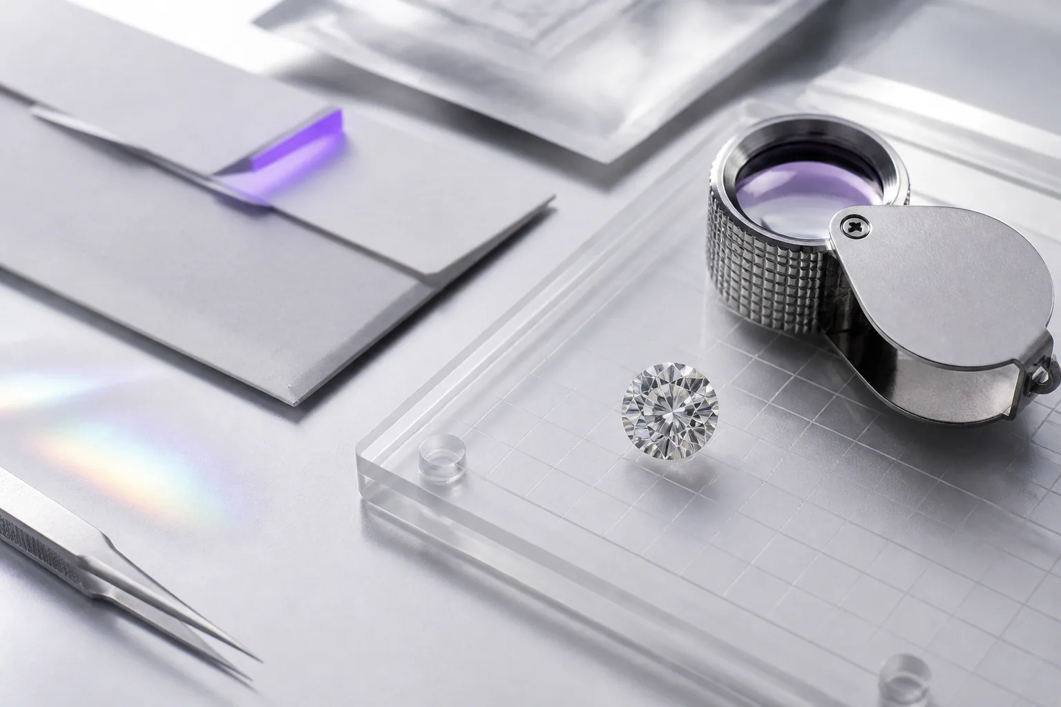 Illustrative laboratory-grown diamond review scene with a loose stone, loupe and neutral document envelopes