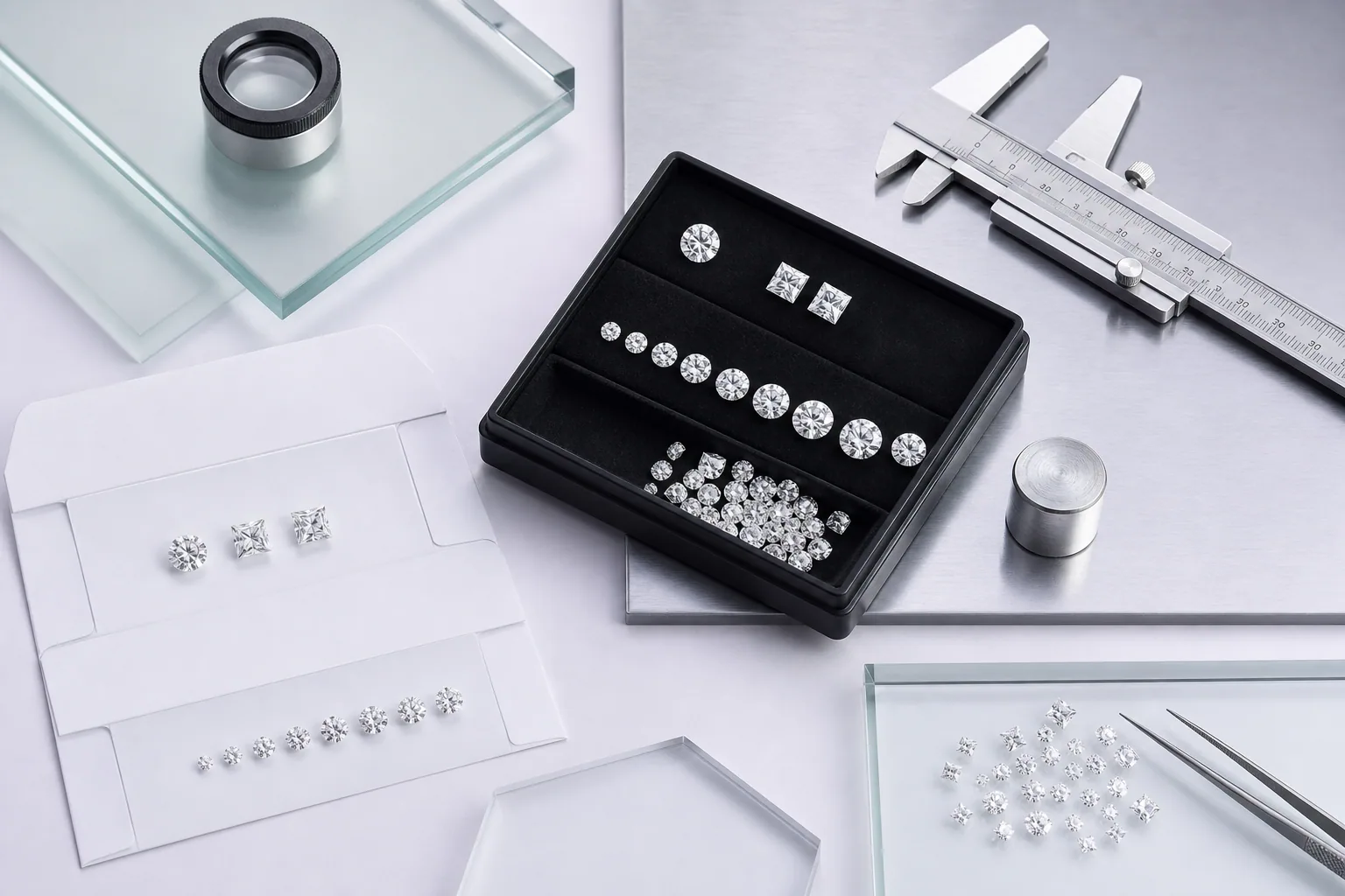 Illustrative wholesale diamond sourcing workbench with loose stones arranged as singles, pairs, calibrated rows and parcels
