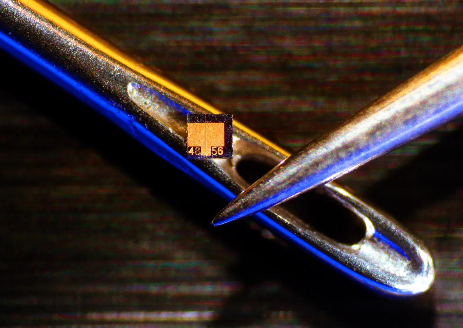Public-domain reference photograph of a laser-diode chip at needle scale