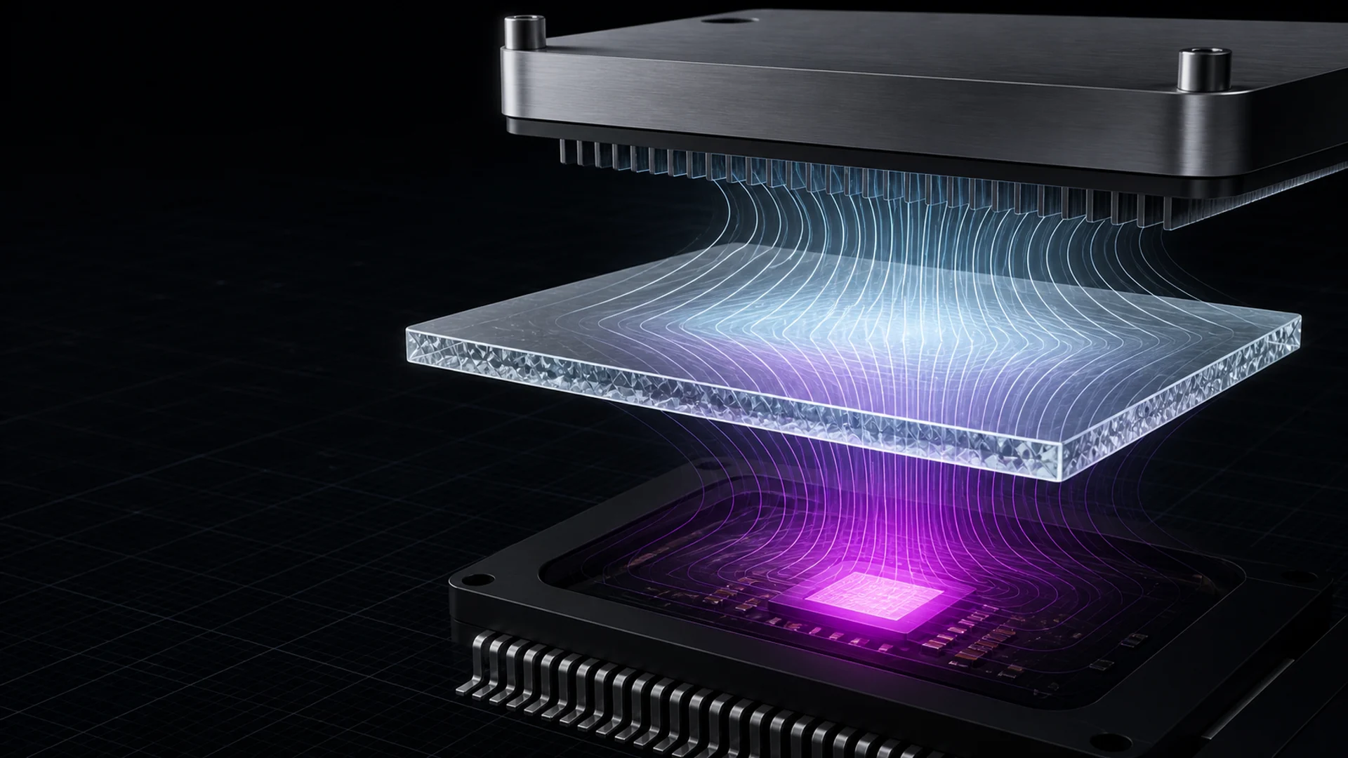 Thermal engineering visualization linking a heat source, CVD diamond layer and cooling path